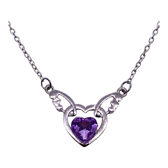Imitation Purple Amethyst Cubic Zirconia Angel Wings Heart Necklace Gift Box - Picture 8 of 9